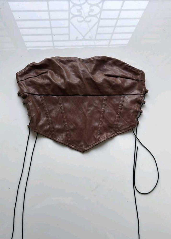 y2k Brown Faux Leather Corset Top