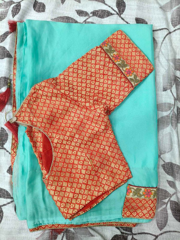 Elegant Turquoise Saree with Brocade Blouse