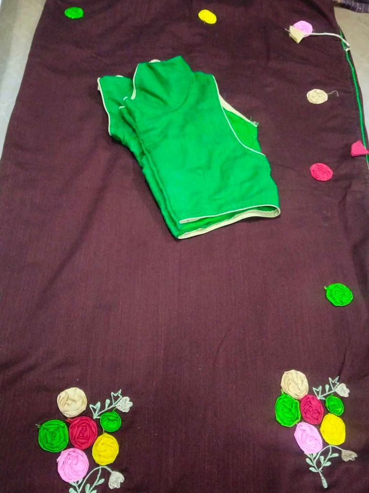 Embroidered Maroon Saree with Blouse