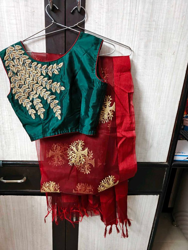 Red lahanga with Embroidered Blouse