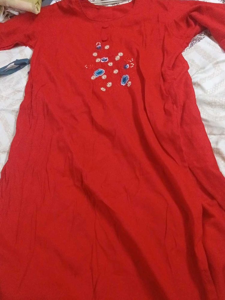 Red Embroidered A-Line kurta