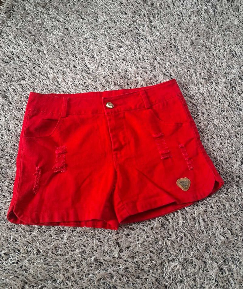Vibrant Red Distressed Denim Shorts