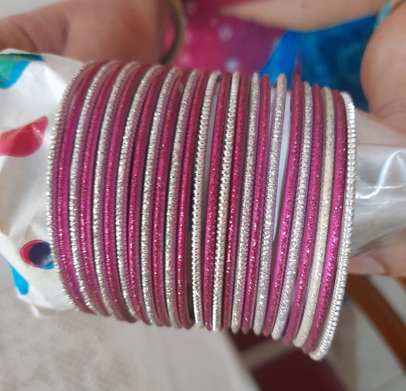 Beautiful  dark PINK &amp; Silver Colour metal Bangles