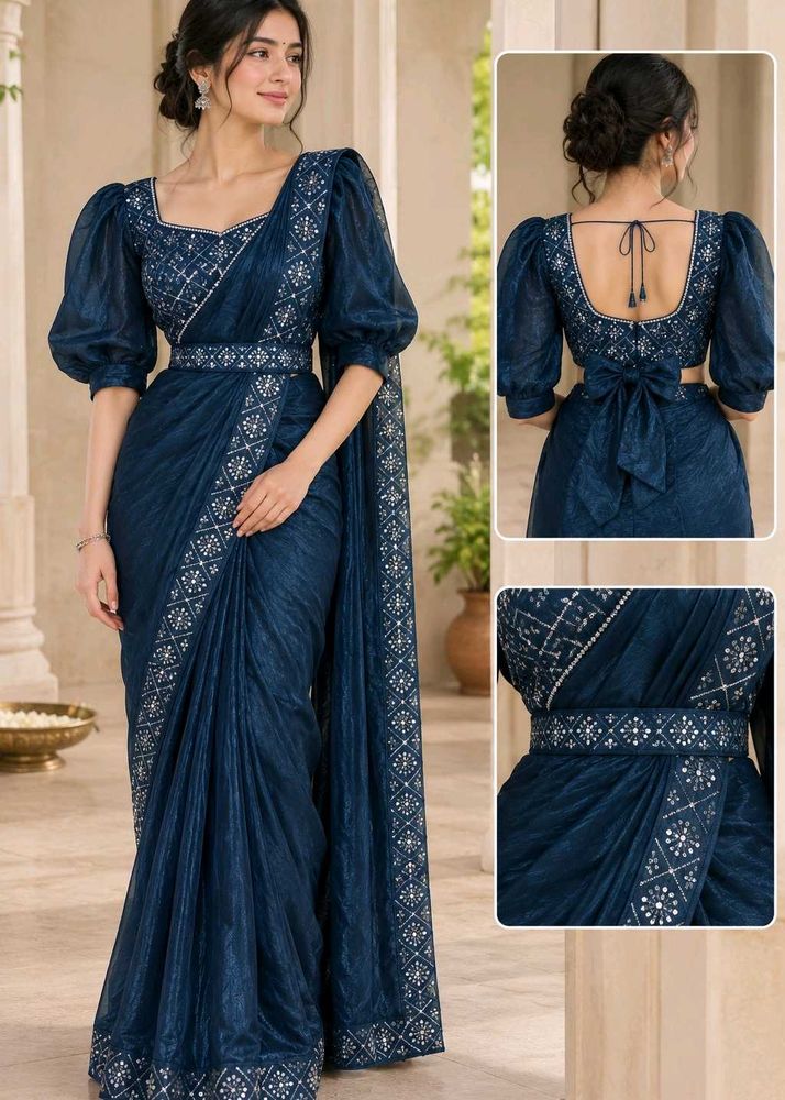 Elegant teal Saree with Puff Sleeves