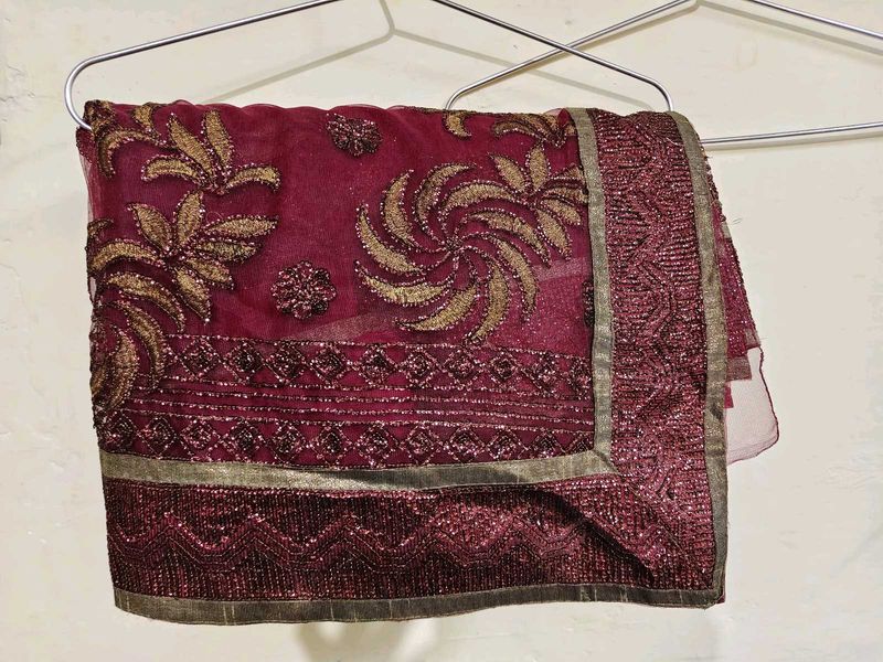 net Embroidered Maroon Saree