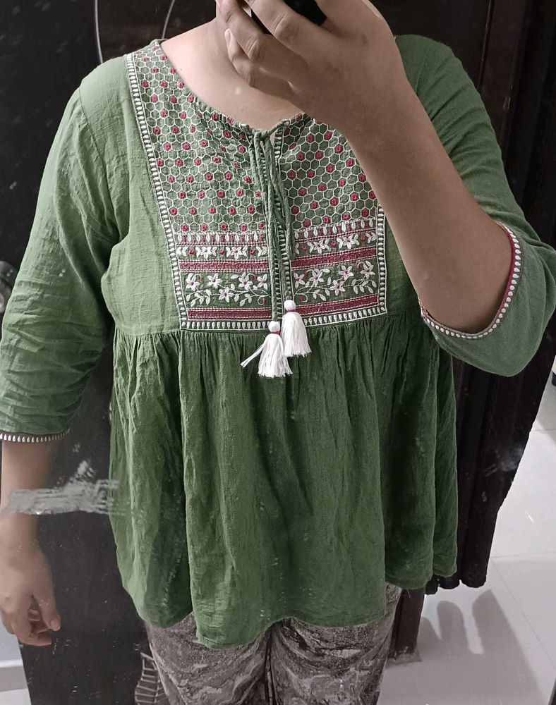 Boho Embroidered Green Tunic Top