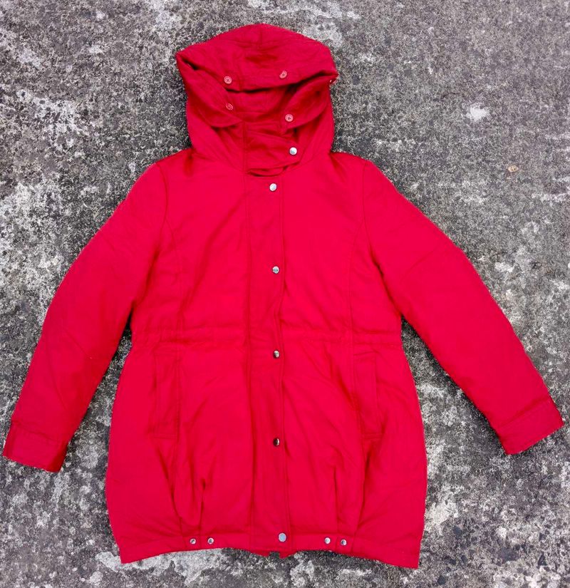 Vibrant Red Puffer Jacket with a Hoodie