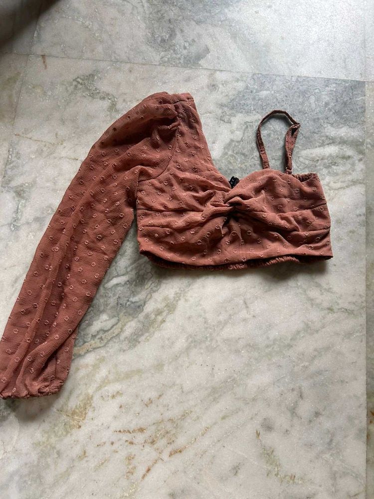 Brown Sheer One-Sleeve Crop Top
