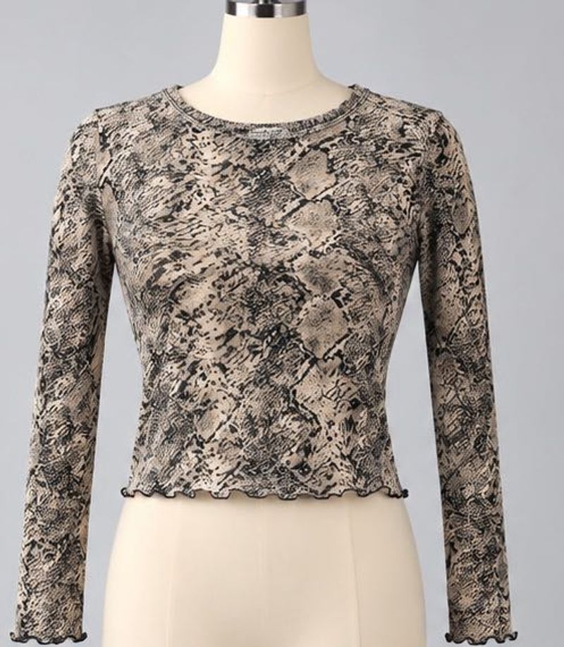 Bershka Snake Print Long Sleeve Lettuce Trim Top