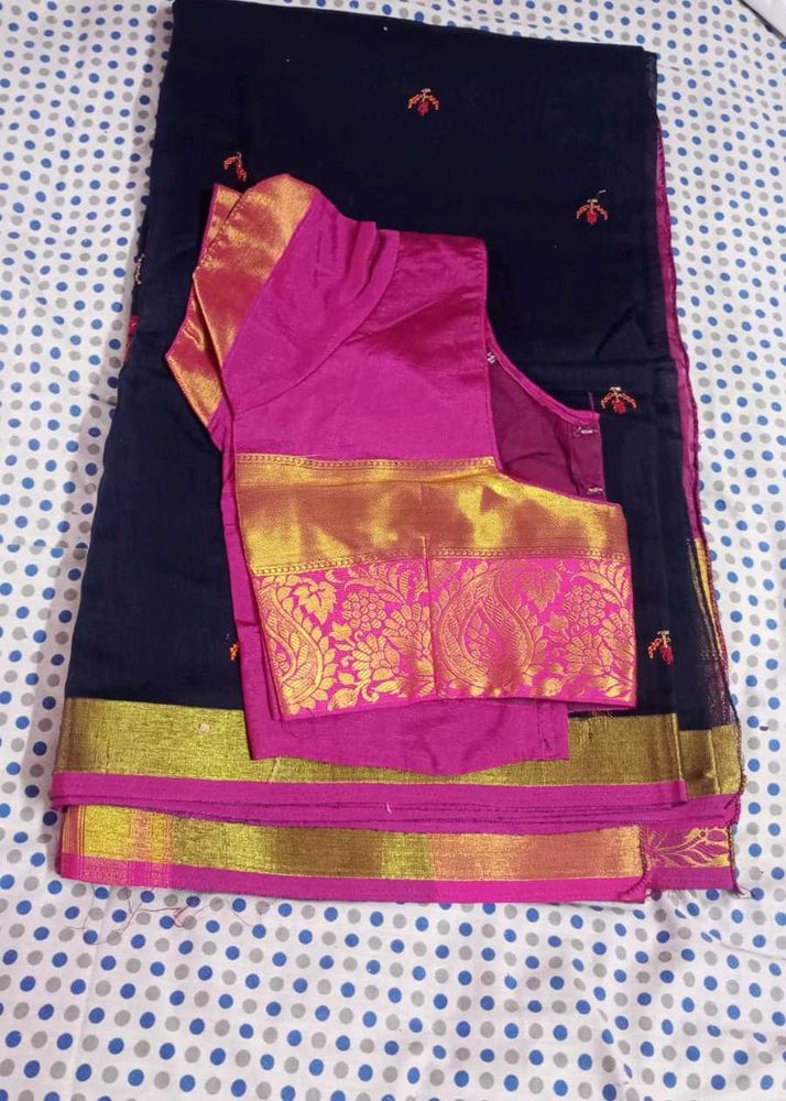 Elegant Navy Blue Saree with Pink Blouse