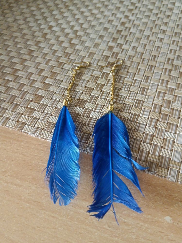 Blue Feather Dangle Earrings