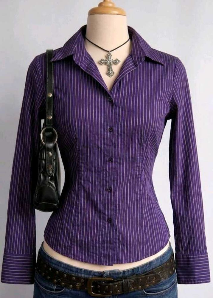 💜🪩 Y2K Purple Striped Button-Up Shirt 🪩💜