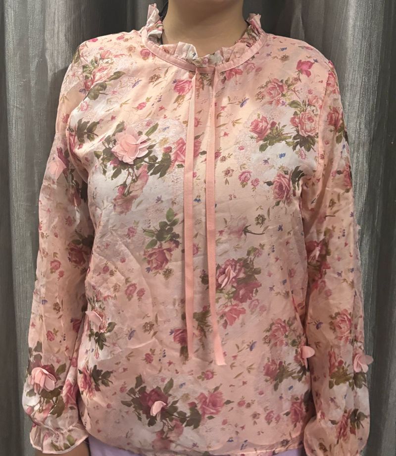 Sheer Floral Ruffle Neck Blouse