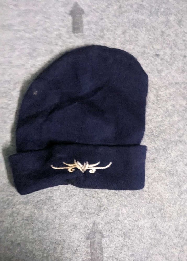 Navy Blue Embroidered Beanie Hat