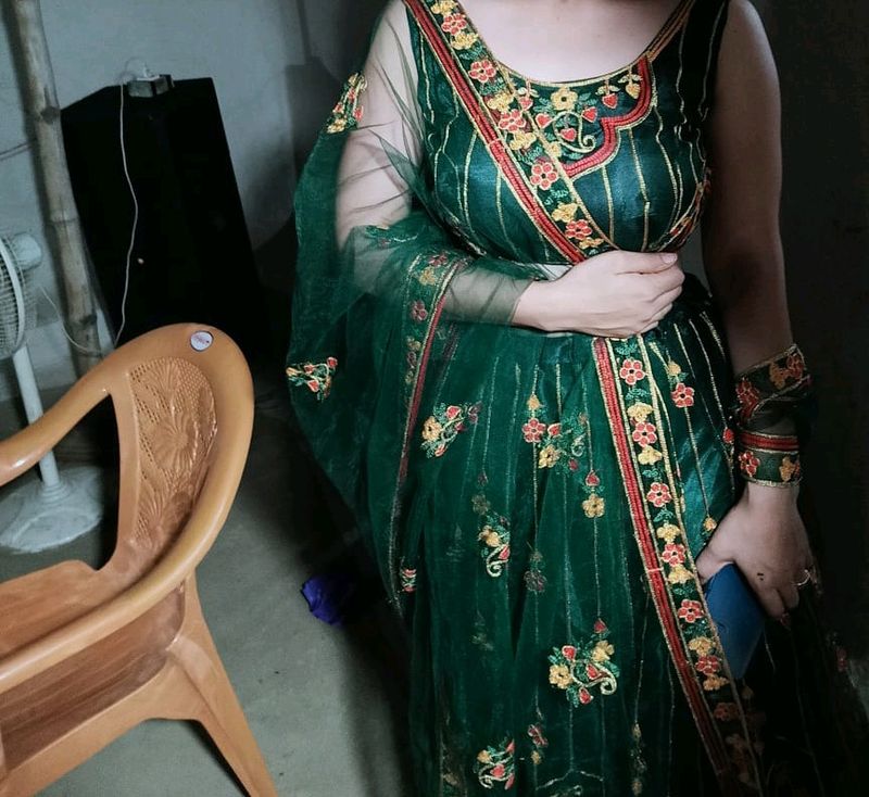Elegant Green Embroidered Lehenga Set