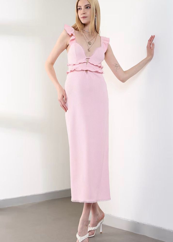 Pink Ruffle Trim Midi Dress