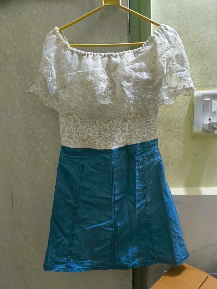 Off-Shoulder Lace Top &amp; Denim Skirt Set
