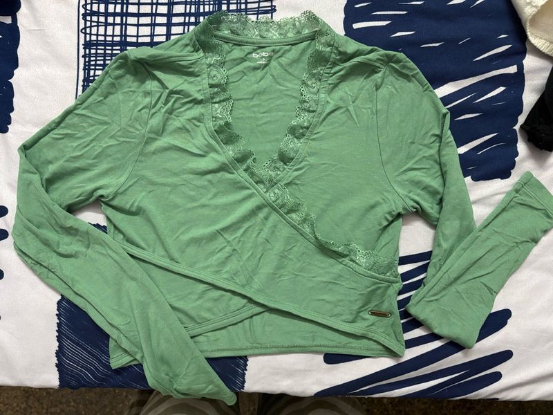 Green Lace Trim Wrap Top
