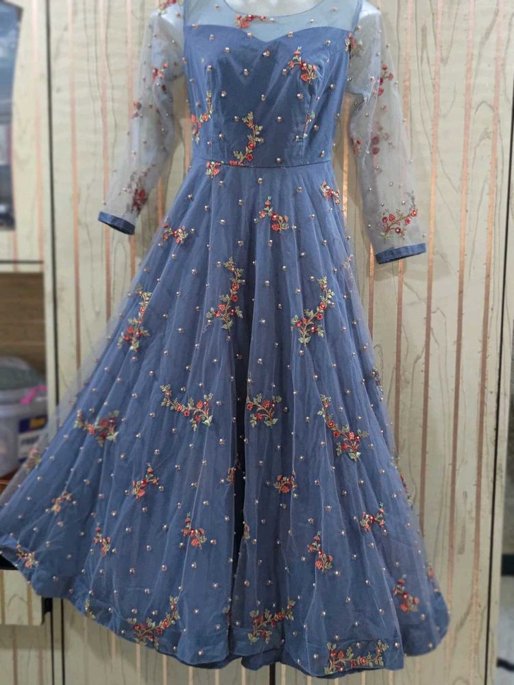 Elegant Embroidered Grey Gown