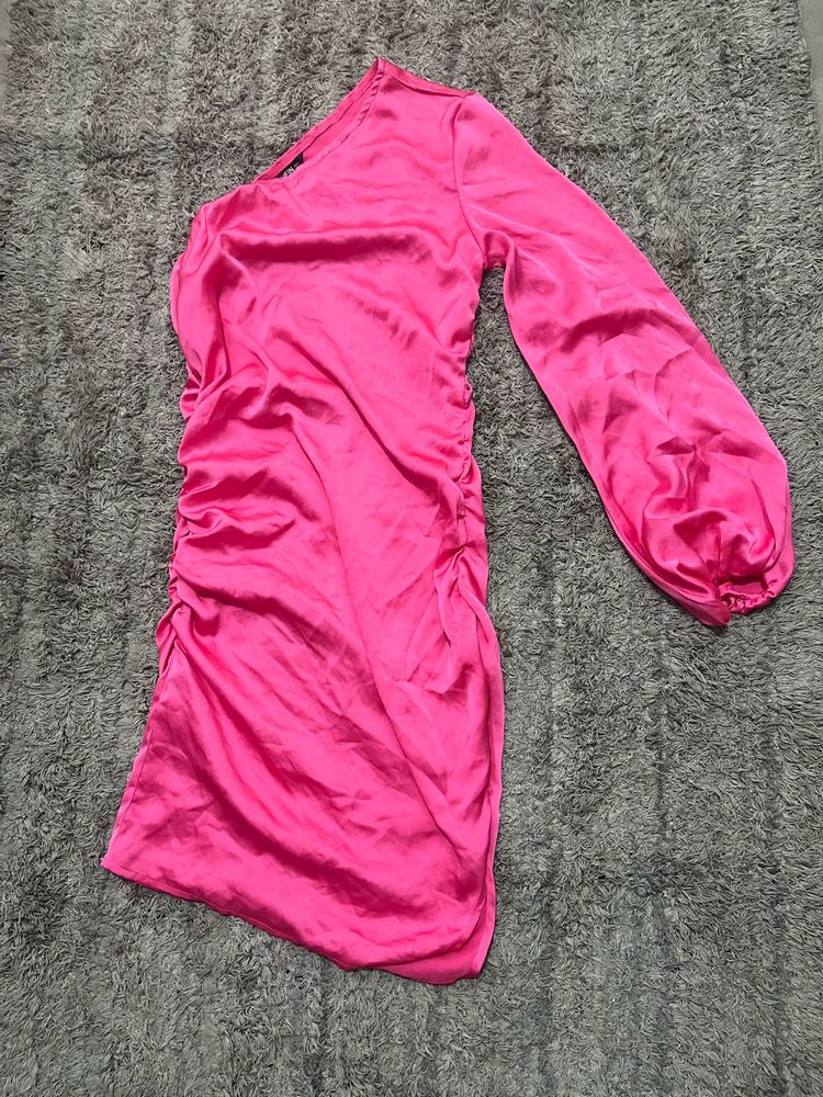 Hot Pink One-Shoulder Ruched Mini Dress