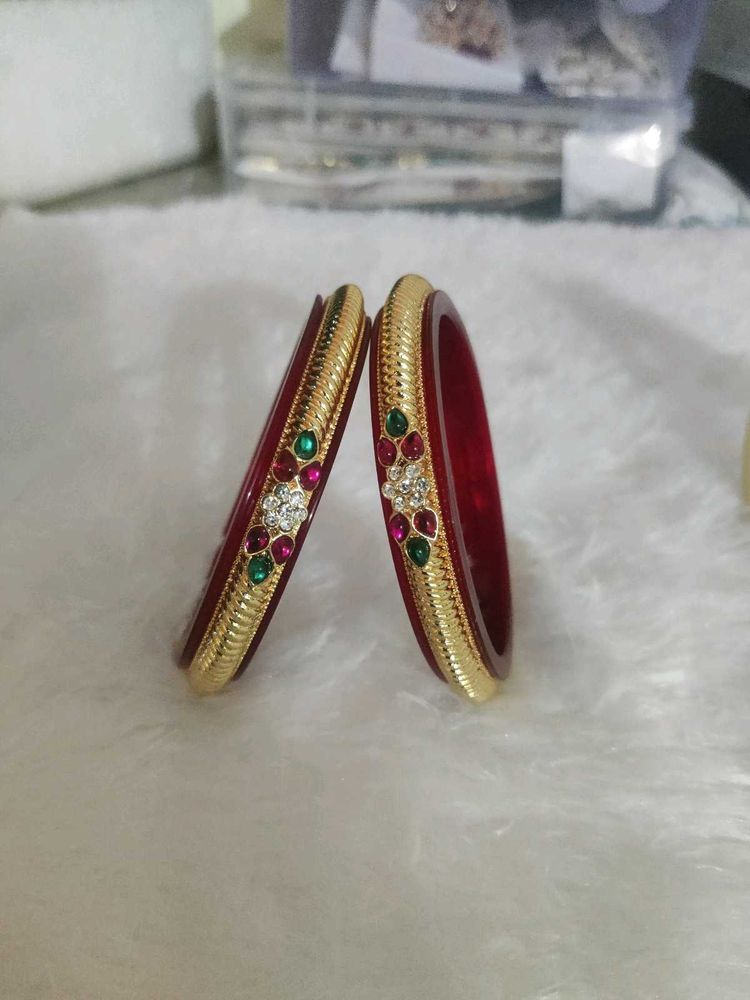 Elegant Red &amp; Gold Bangles with Gemstones