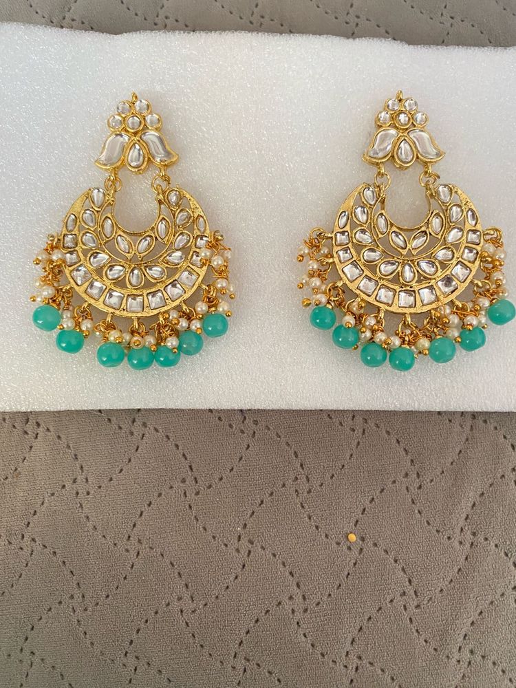 Exquisite Teal Drop Earrings with Gold Finish
