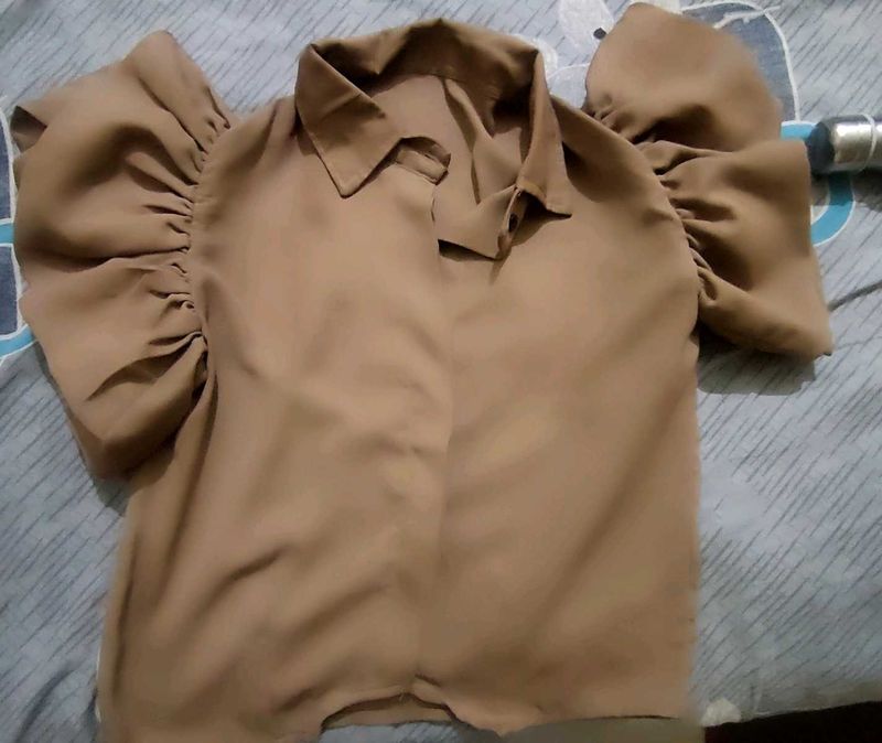 Brown Puff Sleeve Collared Shirt