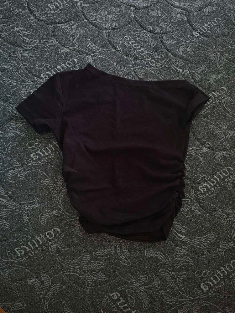 Brown One-Shoulder Ruched Top