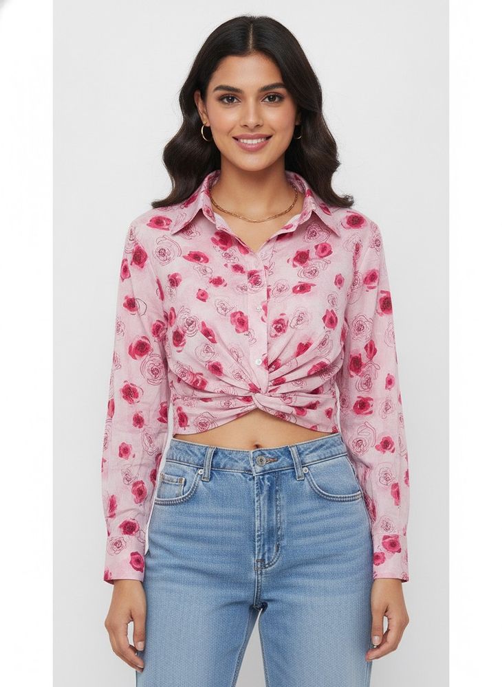 Pink Rose Floral Center-Twist Crop Shirt