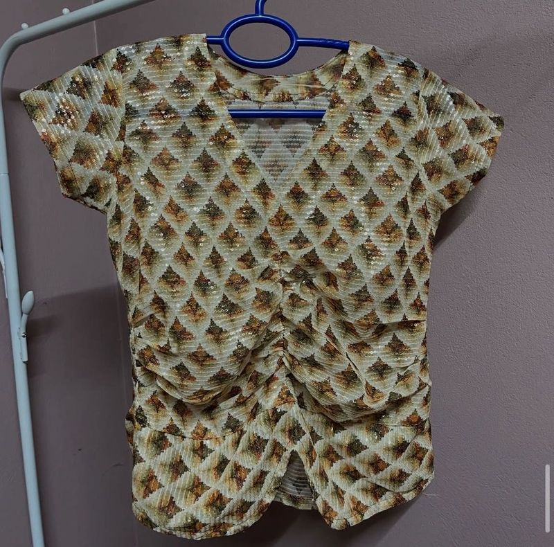 Sparkly Ruched V-Neck Top