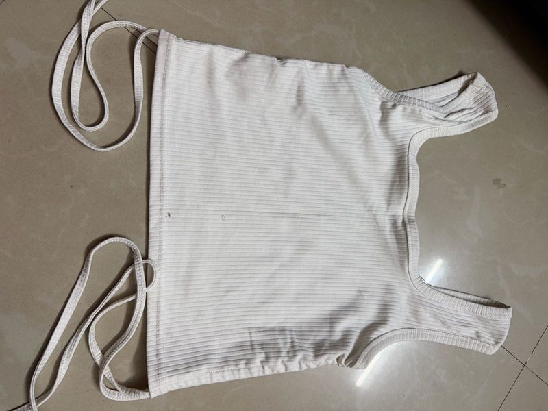 White Ribbed Crop Top with Tie Details