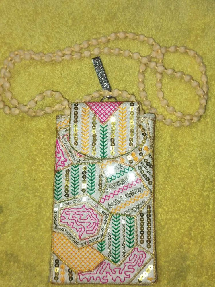 Embroidered mobile sling bag with Beaded Strap and