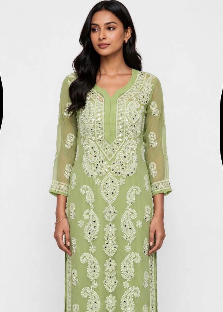 green chikankaari mirror work kurta
