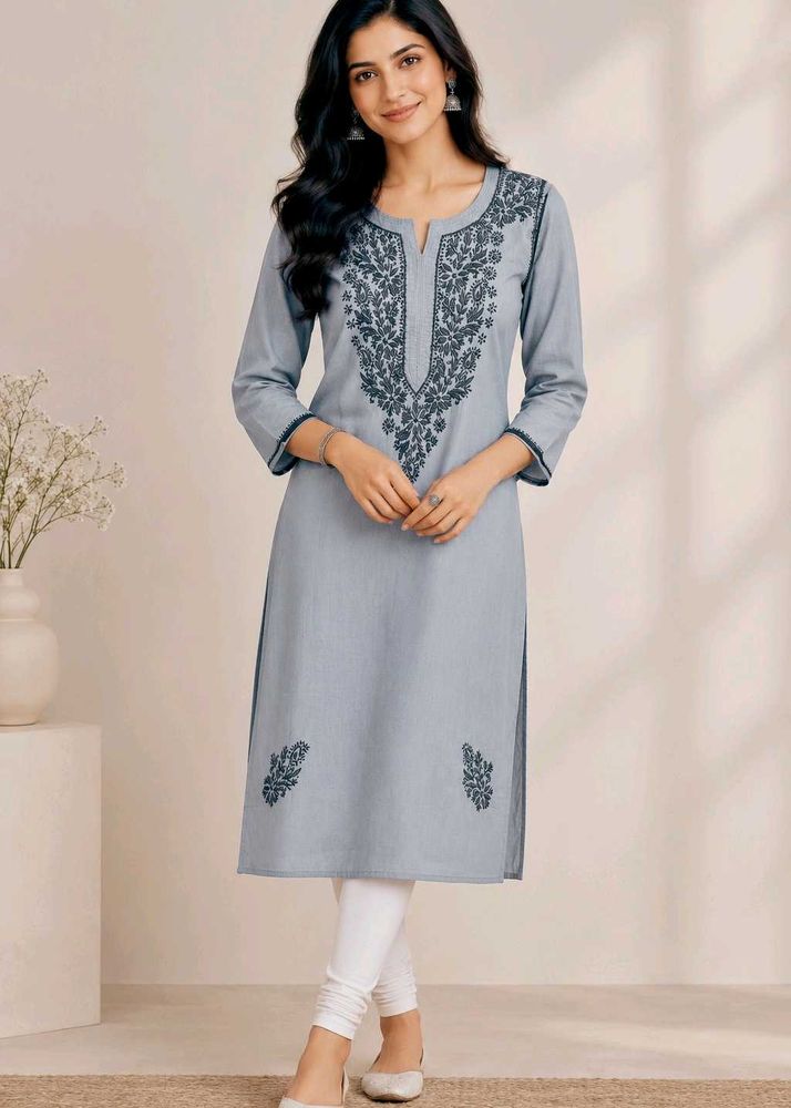 🩶 Grey Chikan Embroidered Kurta