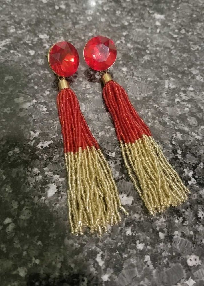 Red &amp; Gold Tassel Earrings
