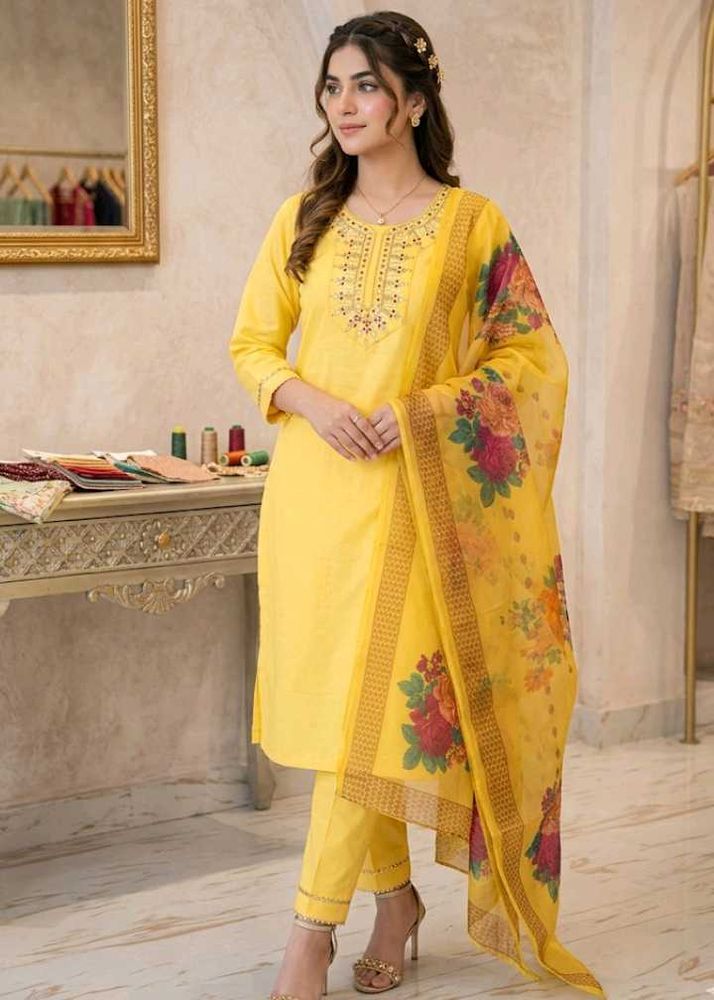 bust 34 Vibrant Yellow Embroidered Kurta Set with