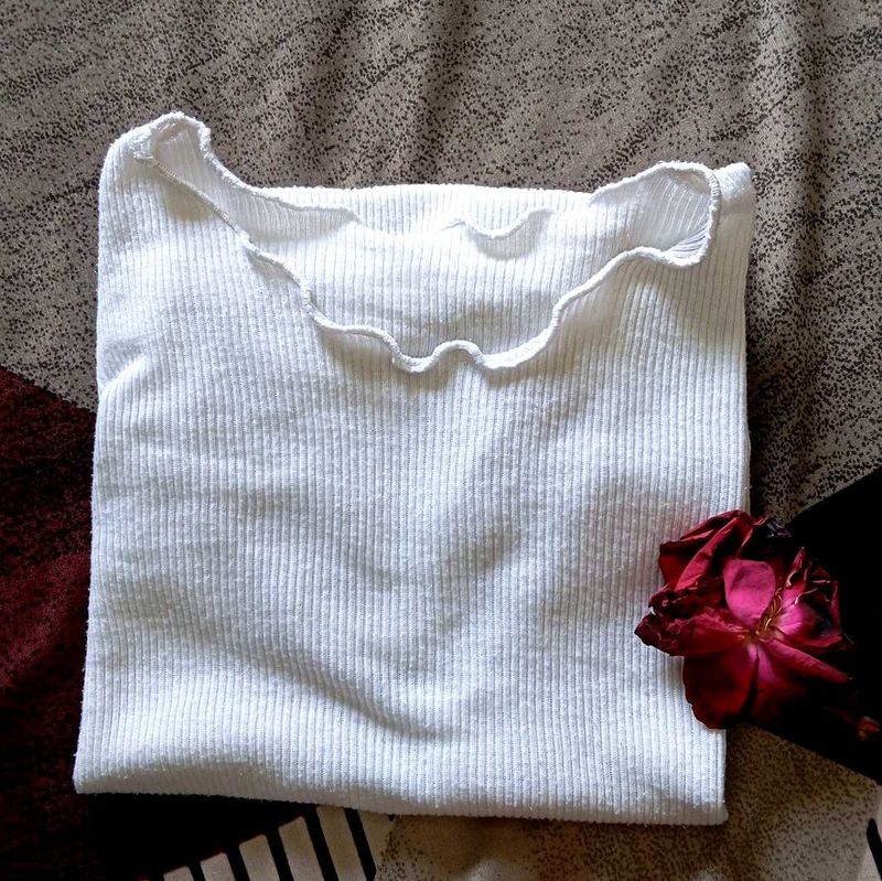 White Ribbed Ruffle Trim Tee
