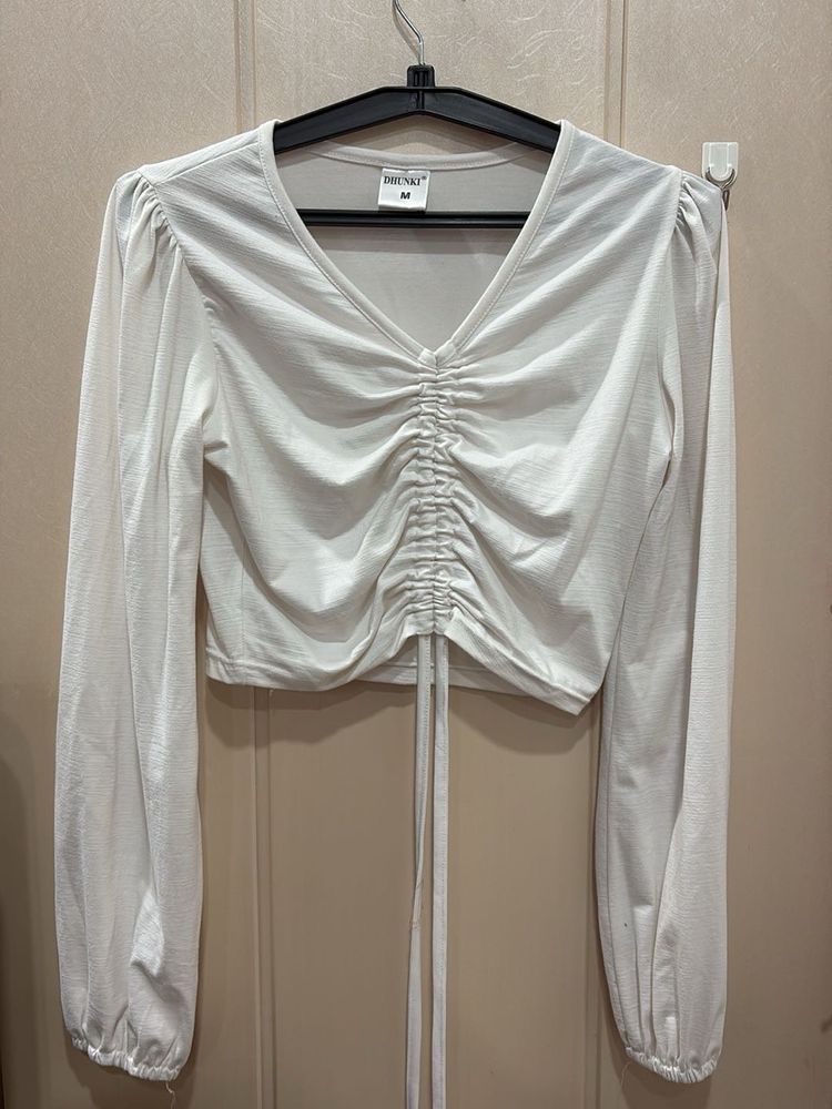 White Ruched Long Sleeve Crop Top