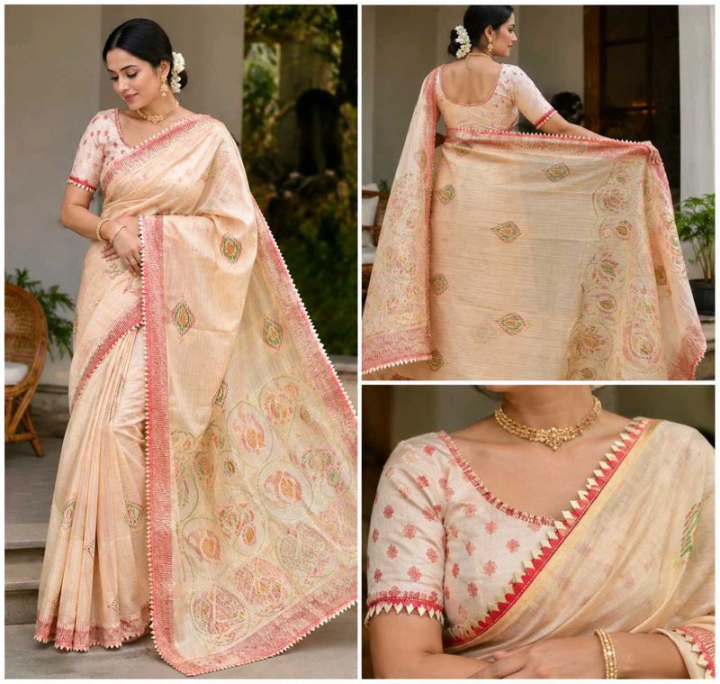 Elegant peach Silk Saree with Pink Border