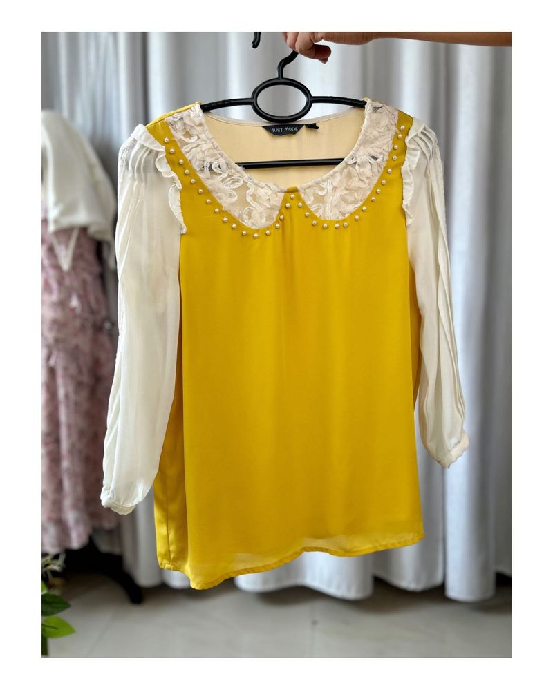 Yellow &amp; White Lace Pearl Embellished Top