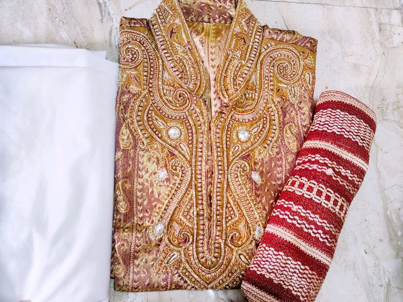 Men's Golden Sherwani - With White Pyjama &amp; Red Textured Dupatta