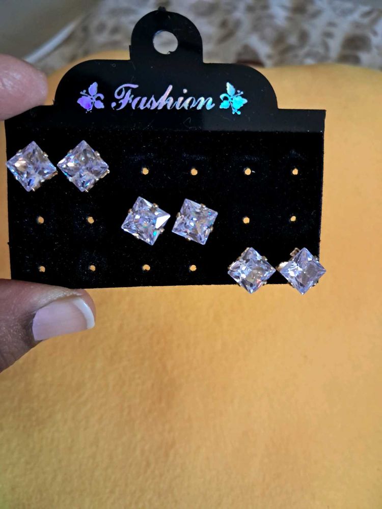 3 Sparkling Square Stud Earring