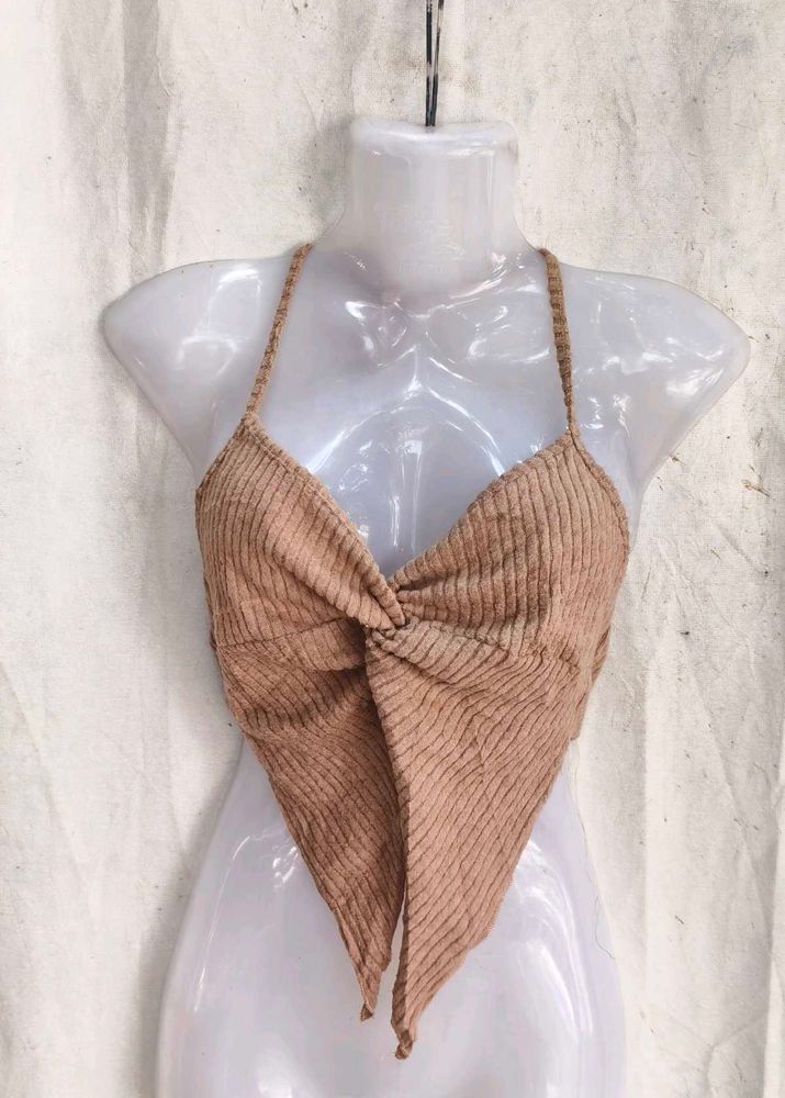 Brown Twisted Halter Neck Crop Top