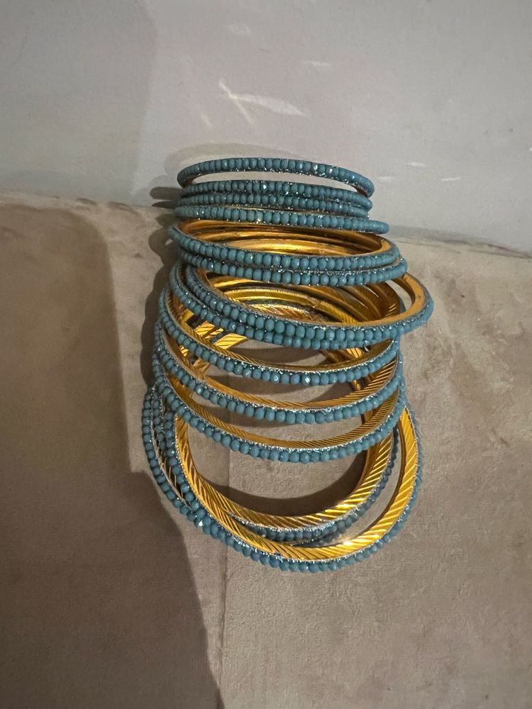 Set of Gold &amp; Teal Beaded Bangles