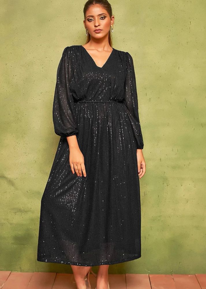 Elegant Black Sequin Midi Dress