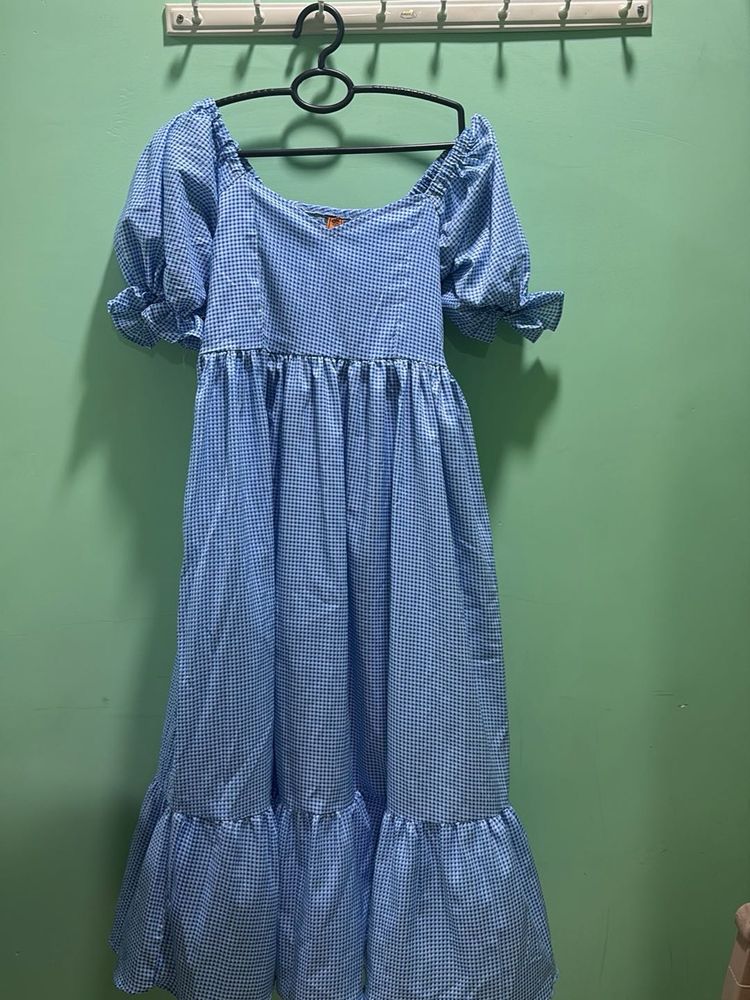 Blue Gingham Puff Sleeve Midi Dress