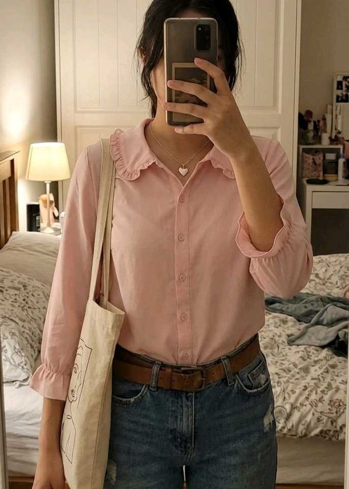 Chic Pink Ruffled Collar Button-Up Top