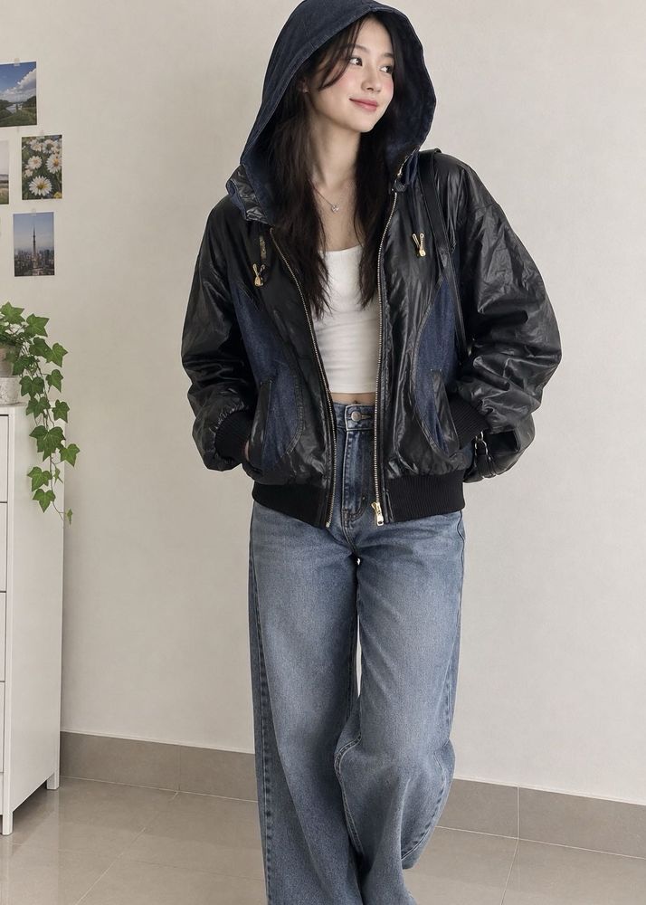 Stylish Denim &amp; Leather Look Bomber Jacket