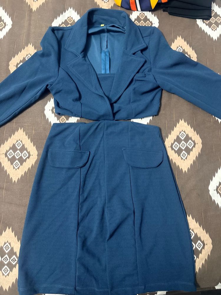 Chic Blue Blazer &amp; Skirt Set