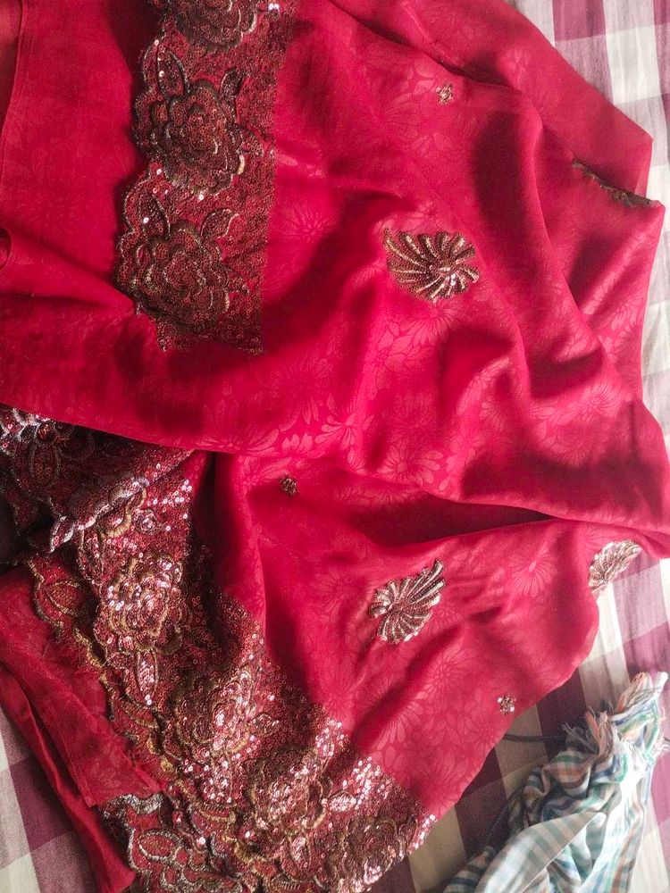 rich Red Embellished Saree with sequence work